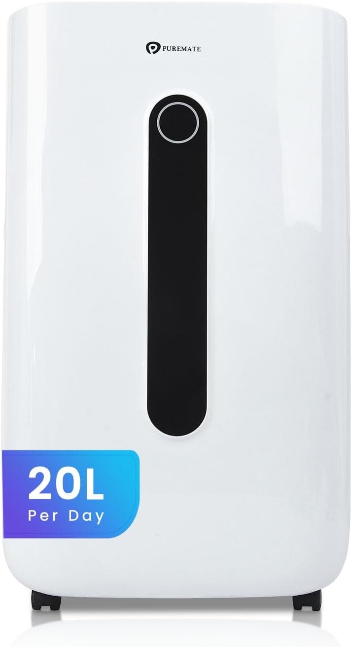 PureMate​ 20L Dehumidifier ​for Home, Adjustable​ Humidity Sensor​, Digital Display​, Large 6.5L​ Tank​, Continuous Drainage, Sleep Mode,​ Laundry Drying​, 24H Timer​, Ideal for Damp​ & Condensation
