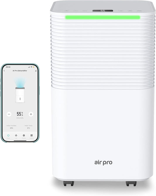 Air Pro 12L/Day Digital Dehumidifier - WIFI App - Large 2L Tank, Sleep Mode, 24H Timer Laundry Drying, Bedroom, Basement, Garage & Kitchen - Portable Electric Mould, Damp and Condensation Remover