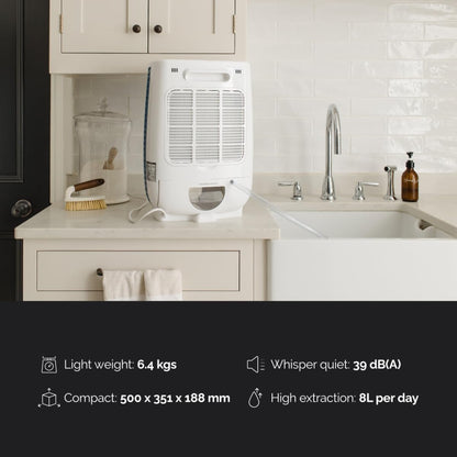 Meaco Portable Dehumidifier DD8L - Compact Desiccant Dehumidifier - Best For Small Homes & Spaces - Prevent Condensation, Mould & Damp - 18 x 35 x 50 cm White