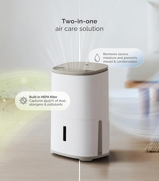 MeacoDry Arete One 10L Dehumidifier & HEPA Air Purifier – Warm Pebble
