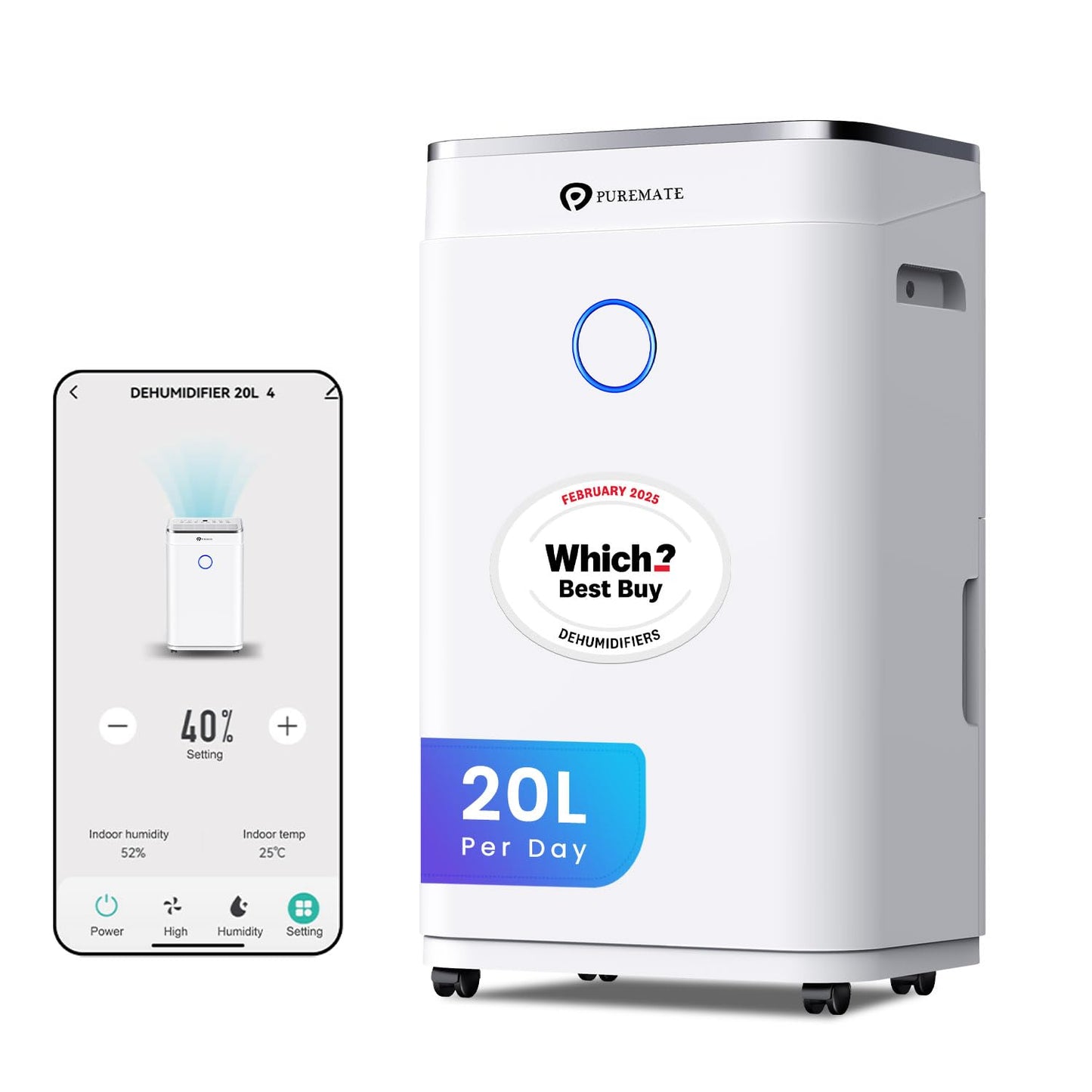 PureMate​ 20L Dehumidifier ​for Home, Adjustable​ Humidity Sensor​, Digital Display​, Large 6.5L​ Tank​, Continuous Drainage, Sleep Mode,​ Laundry Drying​, 24H Timer​, Ideal for Damp​ & Condensation