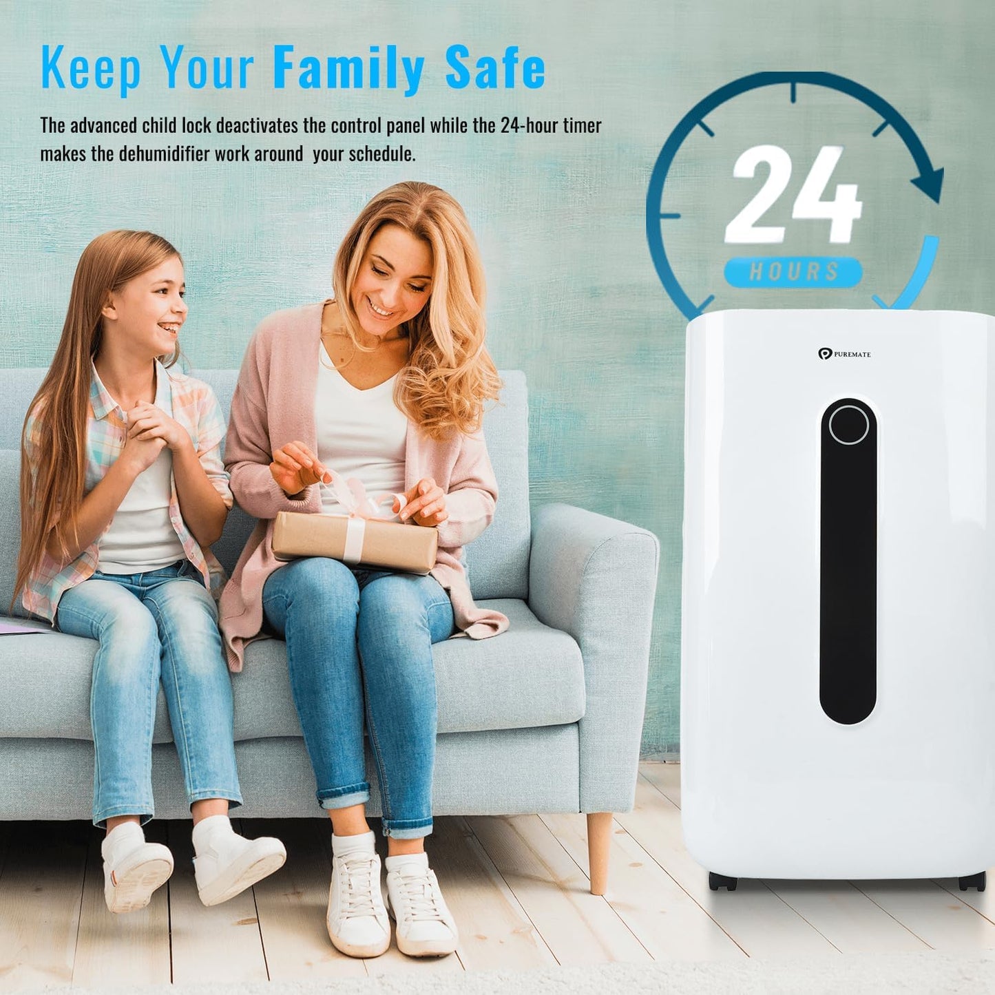 PureMate​ 20L Dehumidifier ​for Home, Adjustable​ Humidity Sensor​, Digital Display​, Large 6.5L​ Tank​, Continuous Drainage, Sleep Mode,​ Laundry Drying​, 24H Timer​, Ideal for Damp​ & Condensation