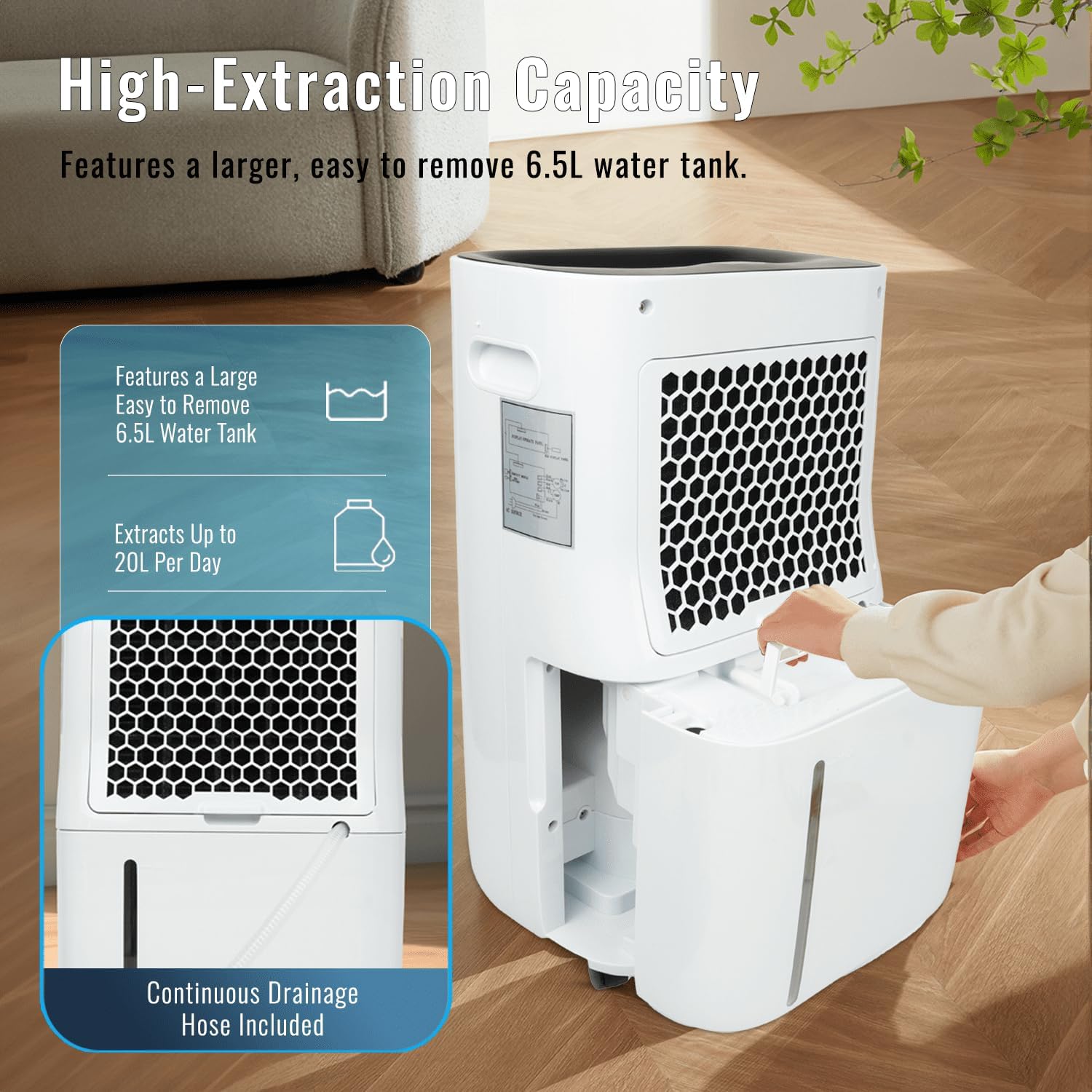 PureMate​ 20L Dehumidifier ​for Home, Adjustable​ Humidity Sensor​, Digital Display​, Large 6.5L​ Tank​, Continuous Drainage, Sleep Mode,​ Laundry Drying​, 24H Timer​, Ideal for Damp​ & Condensation
