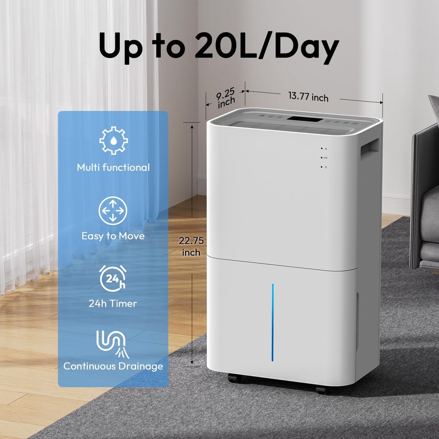 HUMILABS 20L Dehumidifiers for Home, Drying Clothes, 24H Timer, Low Energy, 4L Water Tank, Sleep Mode, Air Purification, Drain Hose, Auto Defrosting, Child Lock, Continuous Drainage