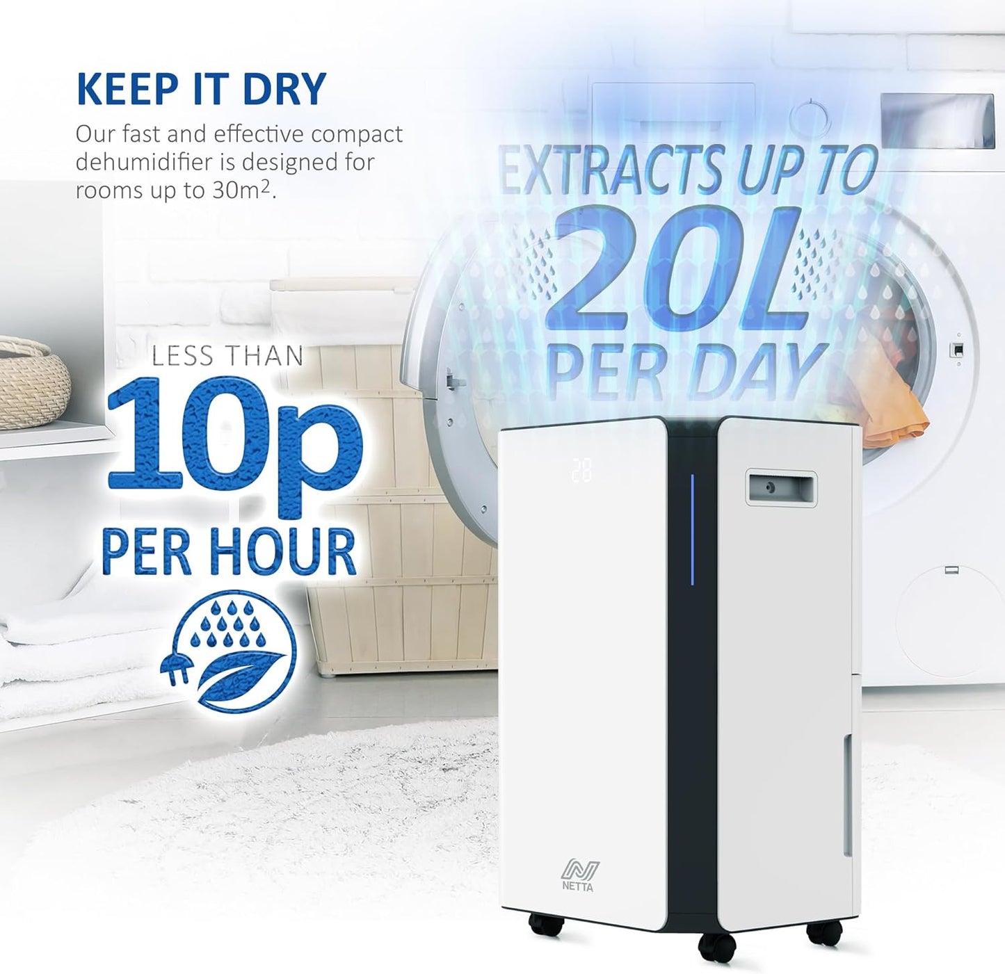 NETTA 20L/Day Low Energy Dehumidifier - Digital Control Panel, Air Filter,Continuous Drainage, Auto Restart, Timer, 4.5L Water Tank, Child Lock - Damp, Mould Control, Laundry Drying, 345W, R290