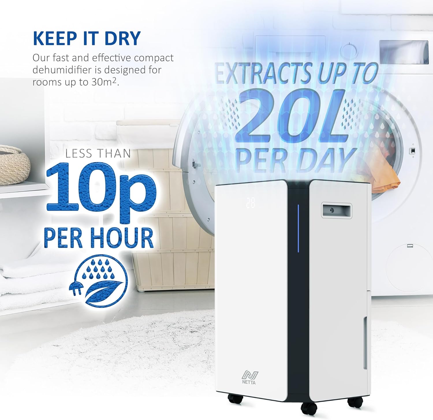 NETTA 20L/Day Low Energy Dehumidifier - Digital Control Panel, Air Filter,Continuous Drainage, Auto Restart, Timer, 4.5L Water Tank, Child Lock - Damp, Mould Control, Laundry Drying, 345W, R290