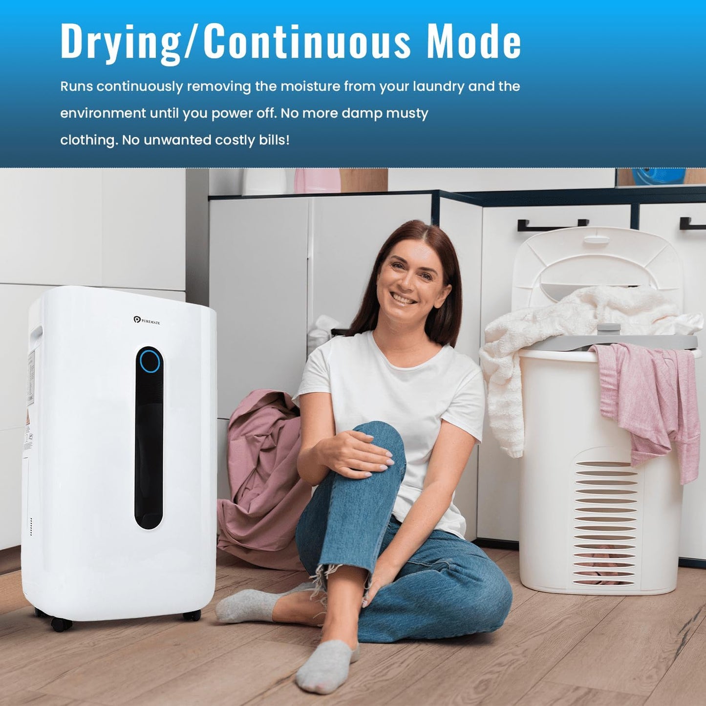 PureMate​ 20L Dehumidifier ​for Home, Adjustable​ Humidity Sensor​, Digital Display​, Large 6.5L​ Tank​, Continuous Drainage, Sleep Mode,​ Laundry Drying​, 24H Timer​, Ideal for Damp​ & Condensation