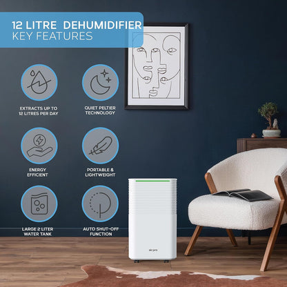 Air Pro 12L/Day Digital Dehumidifier - WIFI App - Large 2L Tank, Sleep Mode, 24H Timer Laundry Drying, Bedroom, Basement, Garage & Kitchen - Portable Electric Mould, Damp and Condensation Remover