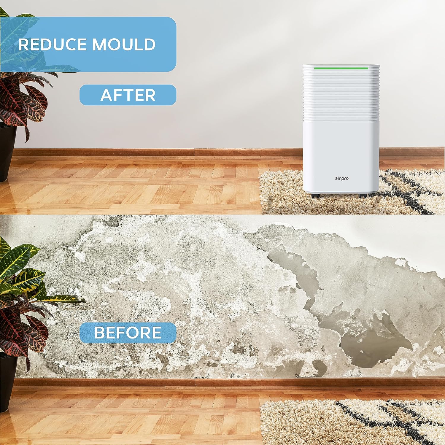 Air Pro 12L/Day Digital Dehumidifier - WIFI App - Large 2L Tank, Sleep Mode, 24H Timer Laundry Drying, Bedroom, Basement, Garage & Kitchen - Portable Electric Mould, Damp and Condensation Remover